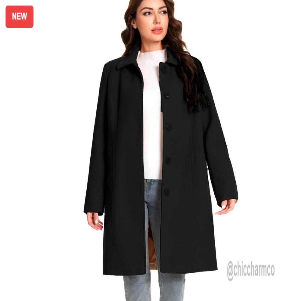 Women's Peacoat Single Breasted Mid-Length Winter Trench Coat with Pockets
